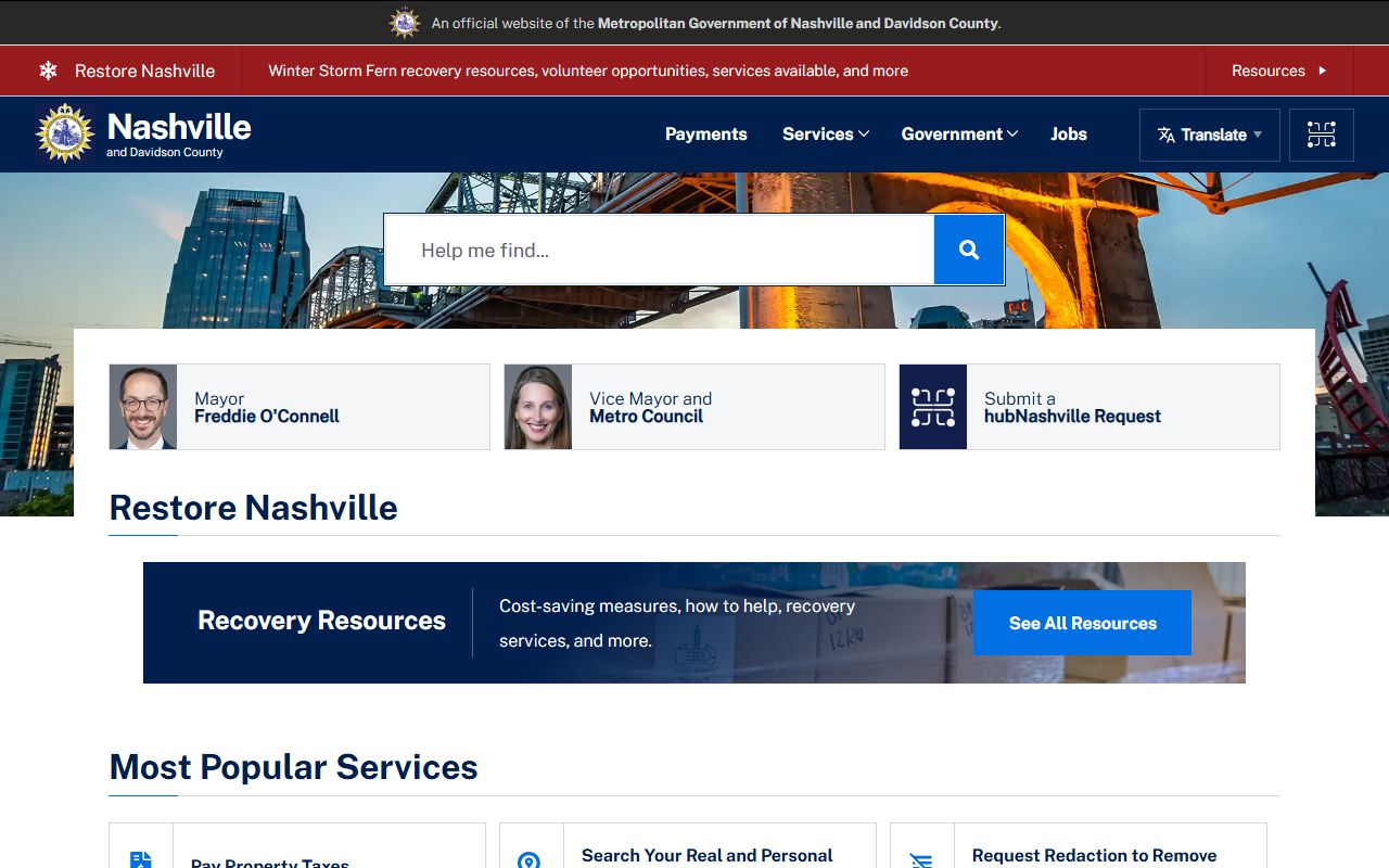 Nashville Metro Government website portal for Nashville bankruptcy records