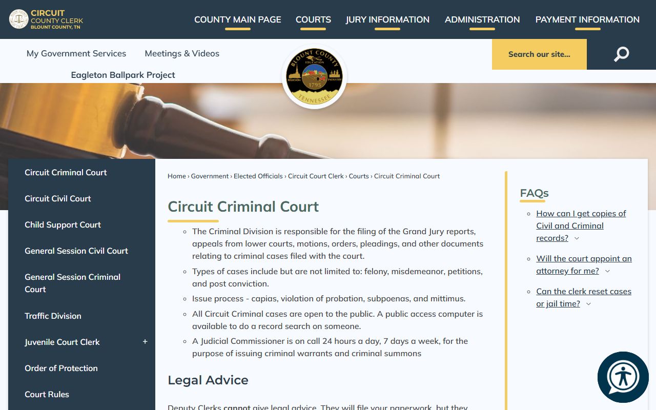 Blount County Circuit Criminal Court information page on the county government website
