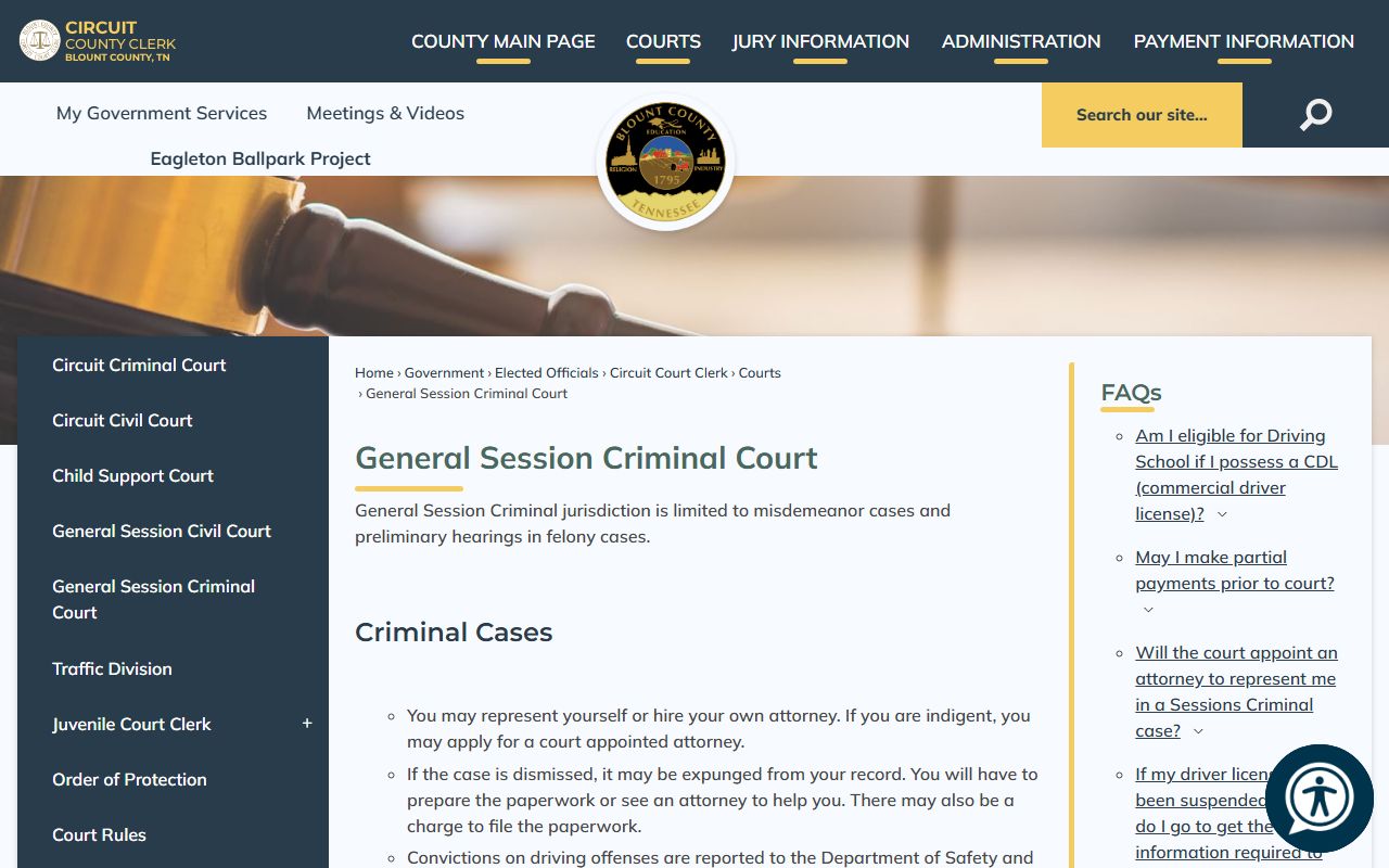 Blount County General Sessions Court page with information on local court procedures