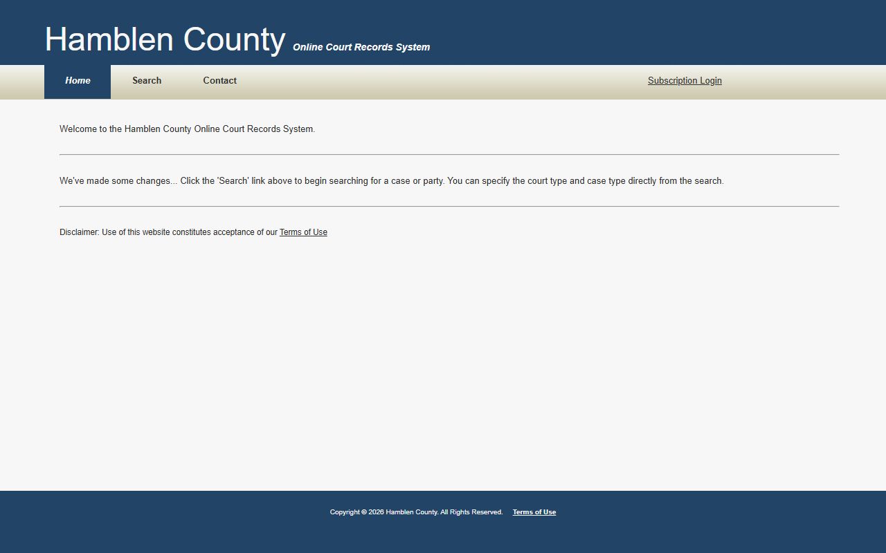 Hamblen County court records portal displaying local civil and criminal case docket information