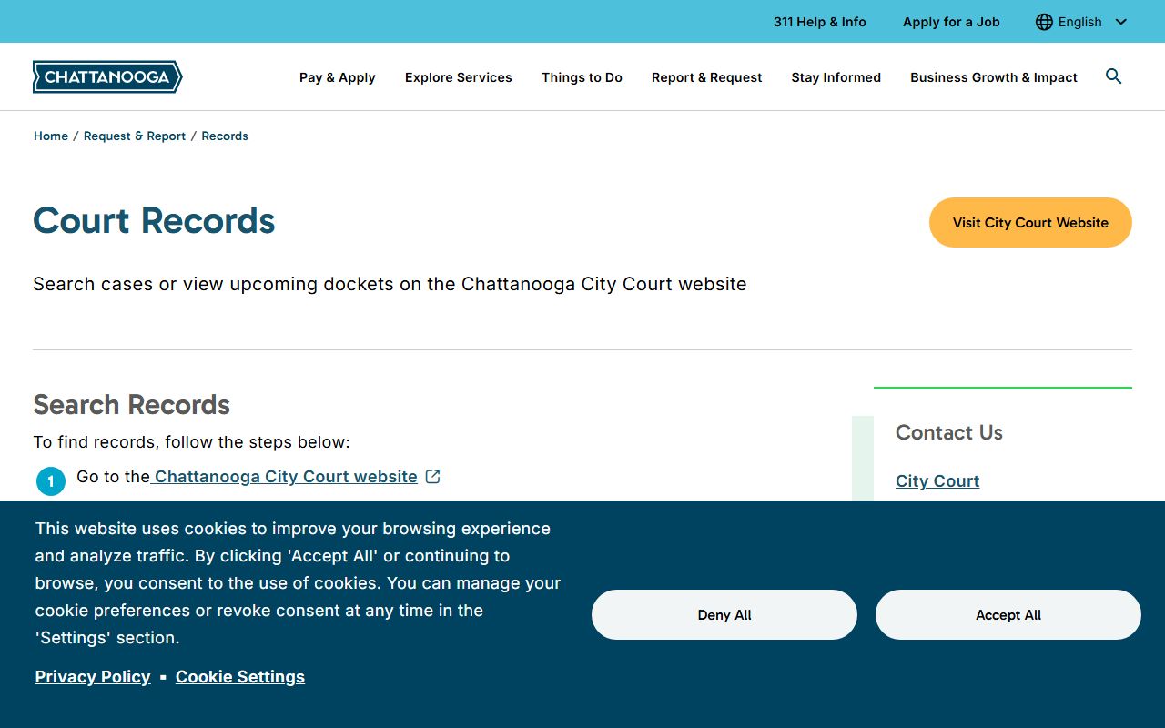 Chattanooga city court records portal showing municipal court case search options