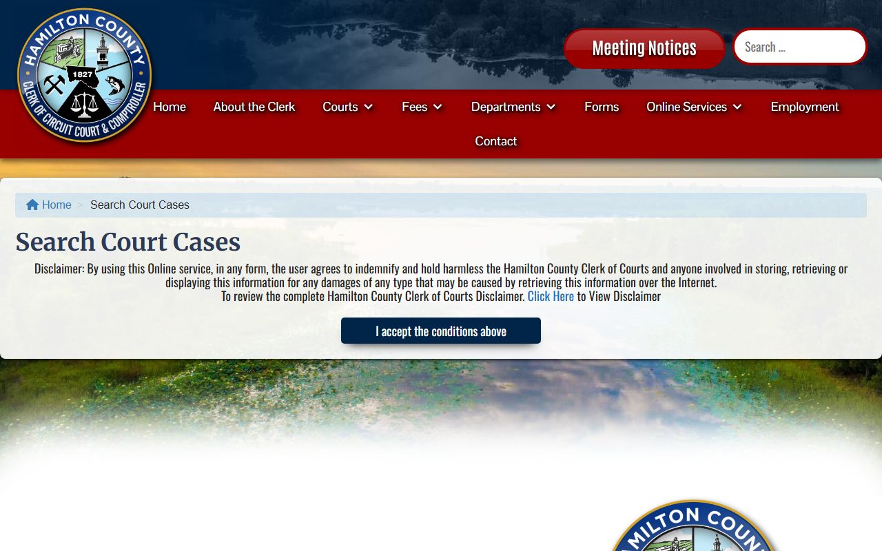 Hamilton County Clerk court search portal displaying county-level case docket information
