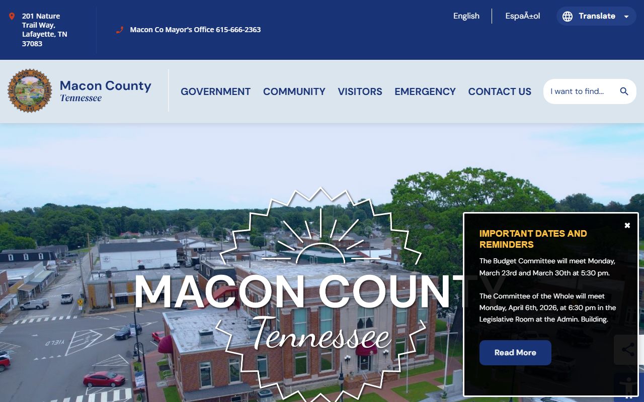 Macon County government website showing county offices and court information related to bankruptcy records