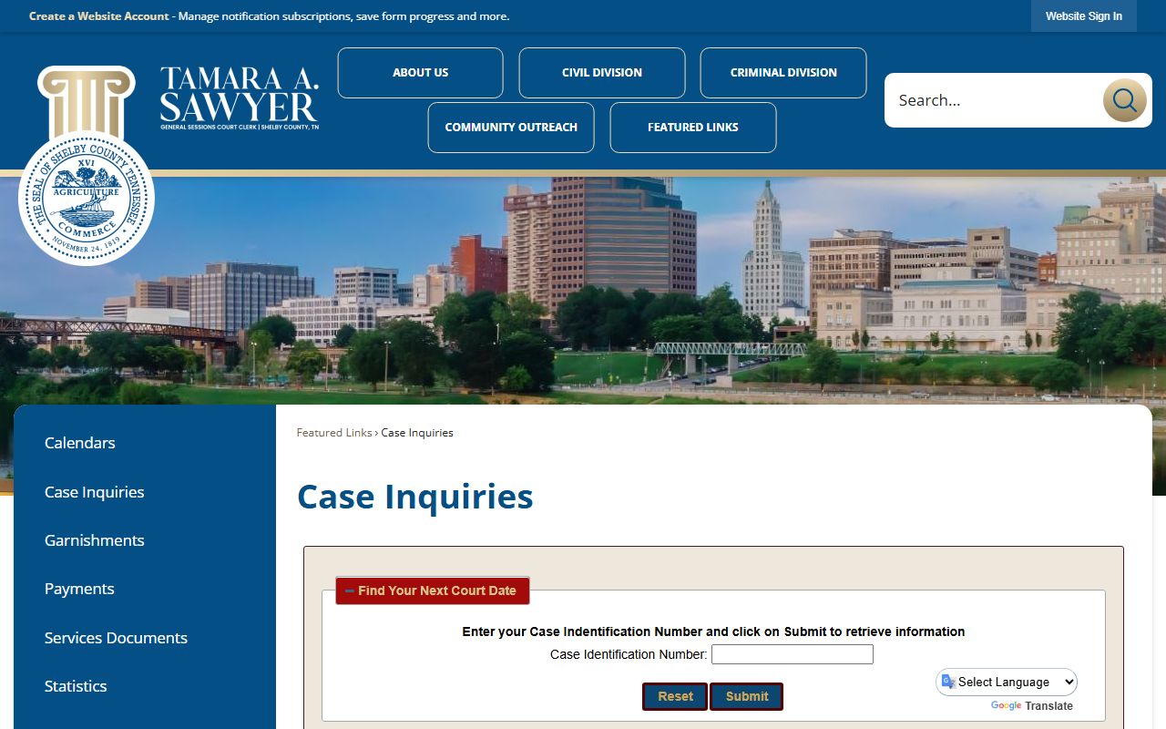 Shelby County General Sessions Court case inquiry system