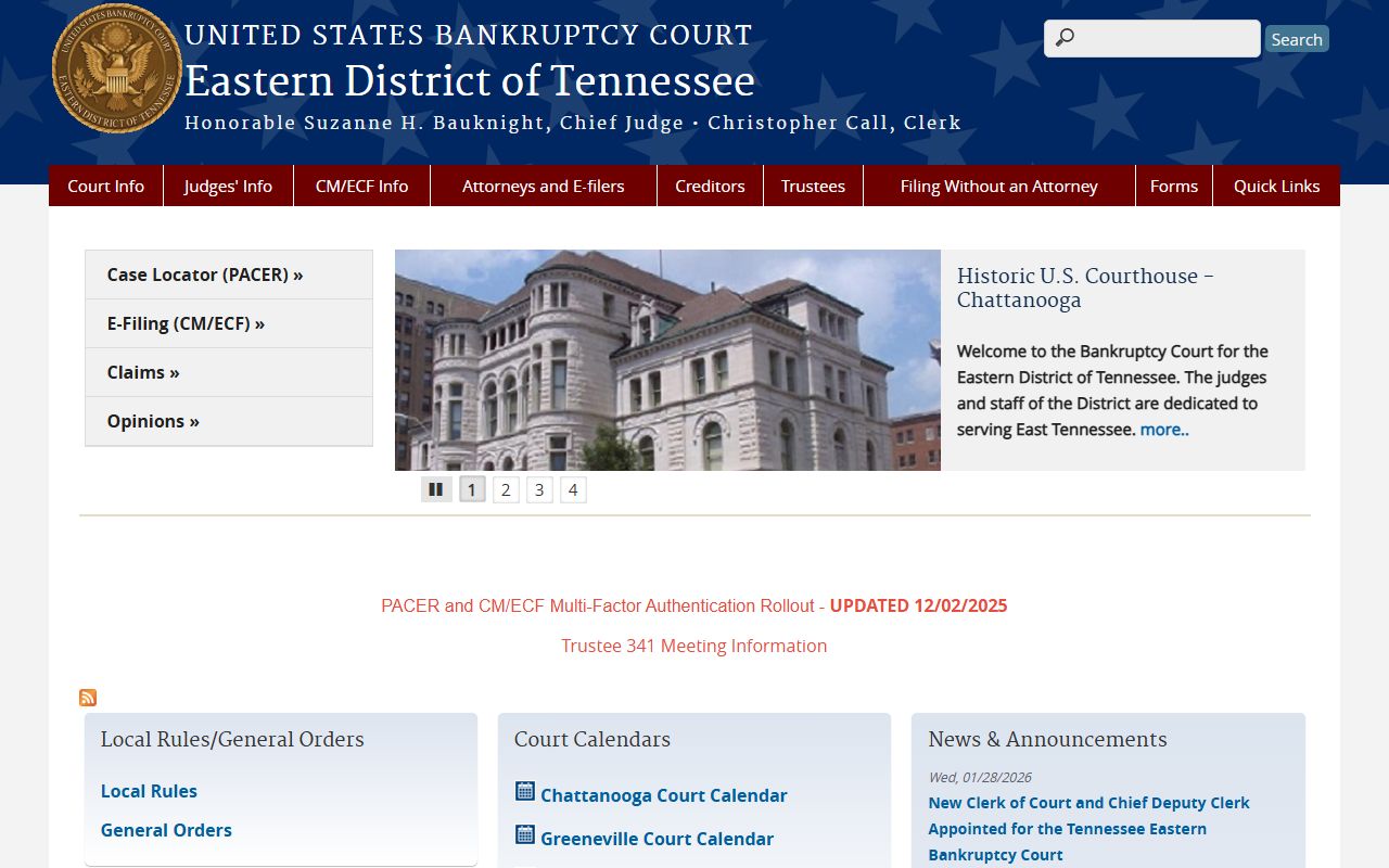 Eastern District of Tennessee Bankruptcy Court website showing court locations and bankruptcy records access
