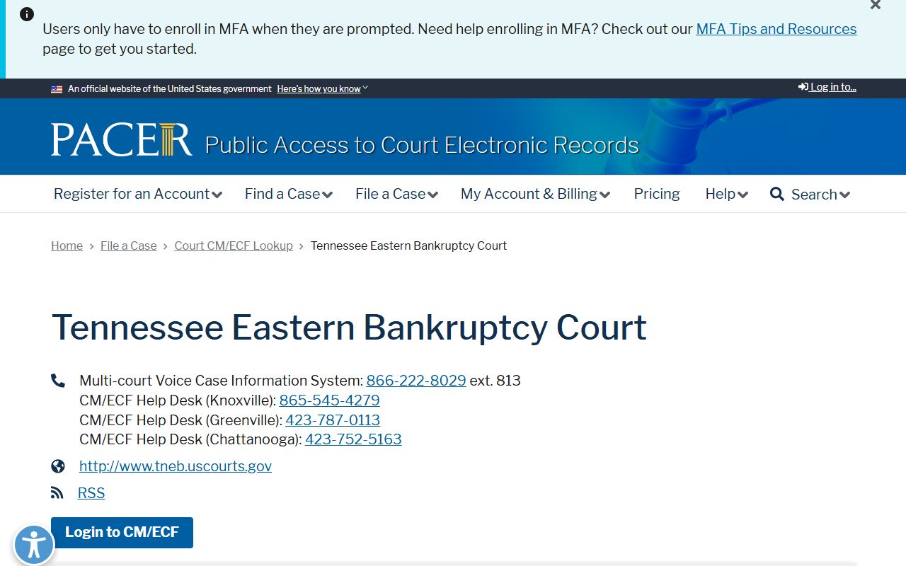 Eastern District of Tennessee CM/ECF electronic filing portal for Knoxville and Chattanooga area bankruptcy records