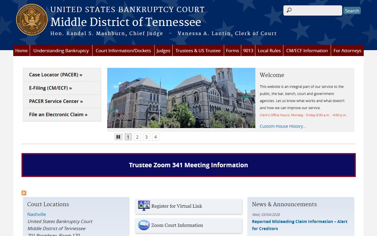 Middle District of Tennessee Bankruptcy Court homepage for Nashville area bankruptcy records