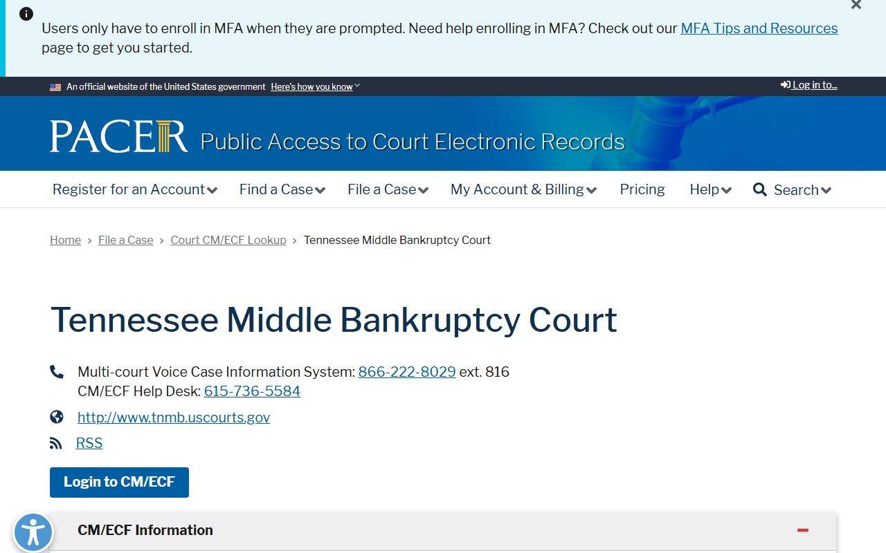 Middle District of Tennessee CM/ECF electronic filing portal for Nashville area bankruptcy case filings