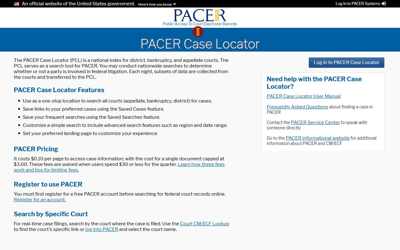 PACER Case Locator search tool for finding Tennessee and nationwide bankruptcy filings by name or case number