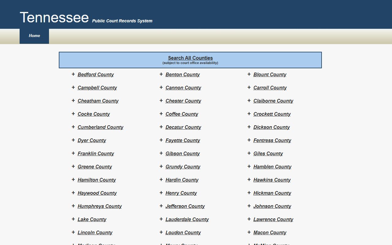 Tennessee Court Information System at tncrtinfo.com providing county court records for all 95 Tennessee counties