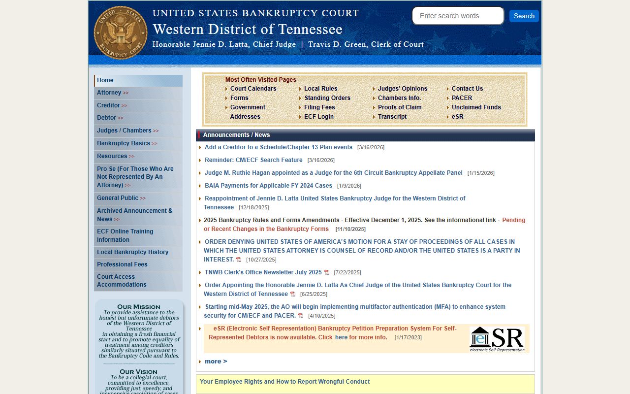 Western District of Tennessee Bankruptcy Court website for Memphis and Jackson area bankruptcy records