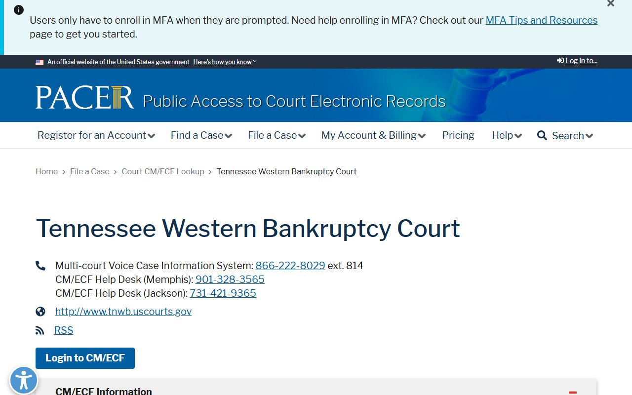 Western District of Tennessee CM/ECF electronic filing portal for Memphis and Jackson area bankruptcy records